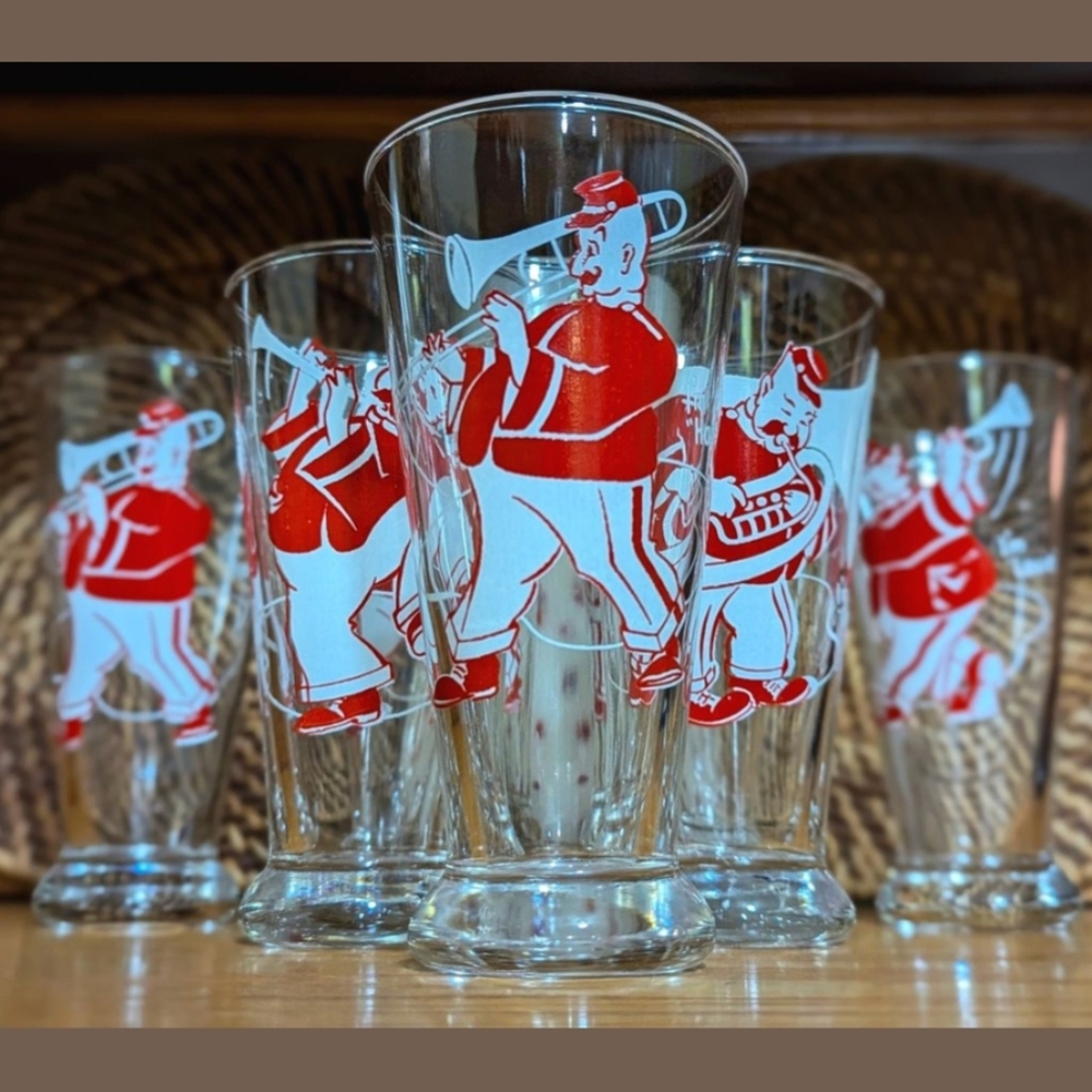 Vintage Red and White Band-Themed Short Pilsnser Style Glass Set